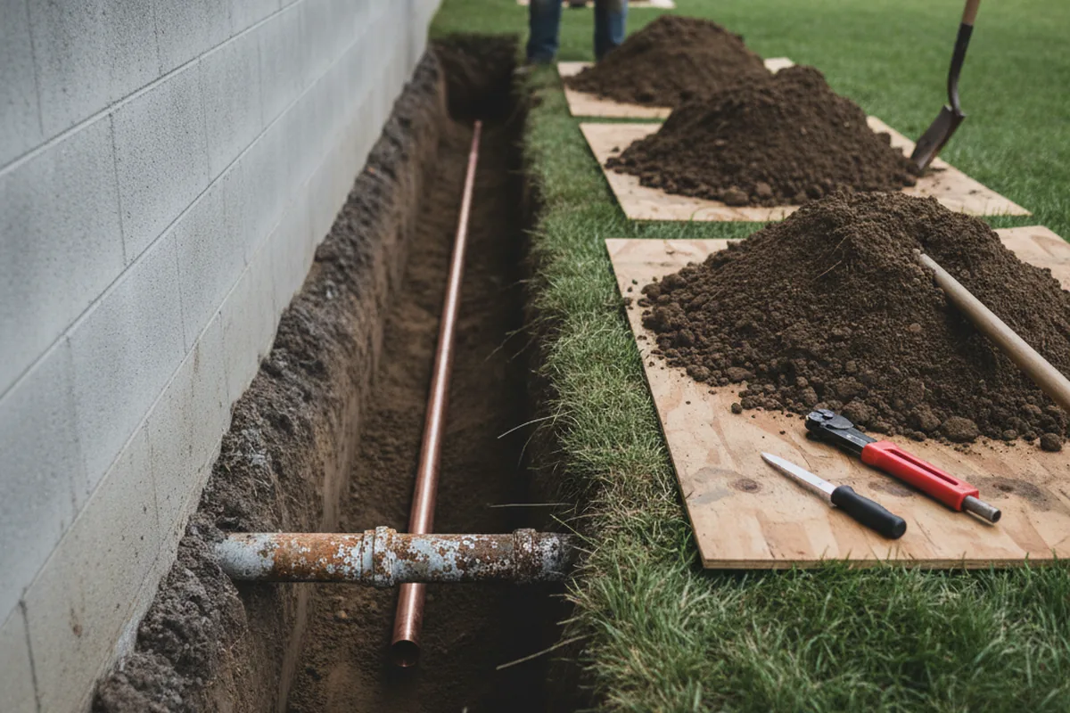 Excavated water line trench during Water Softener Installation in Monterey